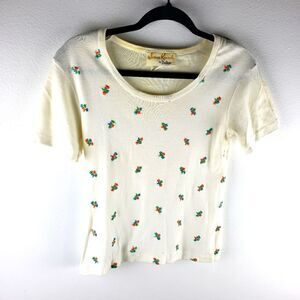 Women's Vintage 1960's James Kenrob ny Dalton White Tee With Floral Embroidery